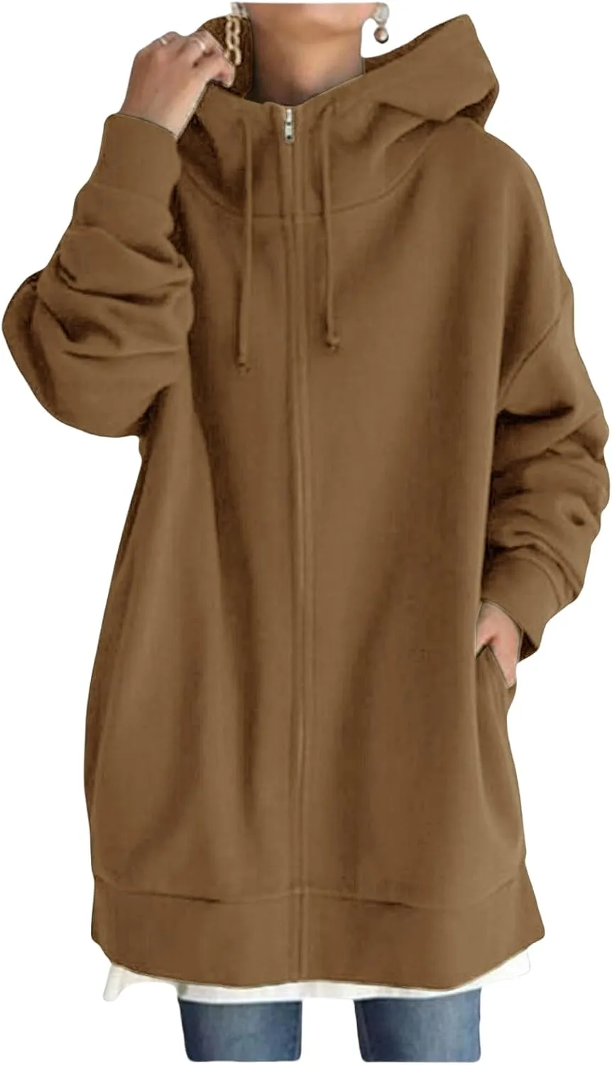 Womens Oversized Long Hoodies Zip Up Jacket Cowl Neck Long Sleeve Sweatshirt Fleece Loose Fit Fall Clothes