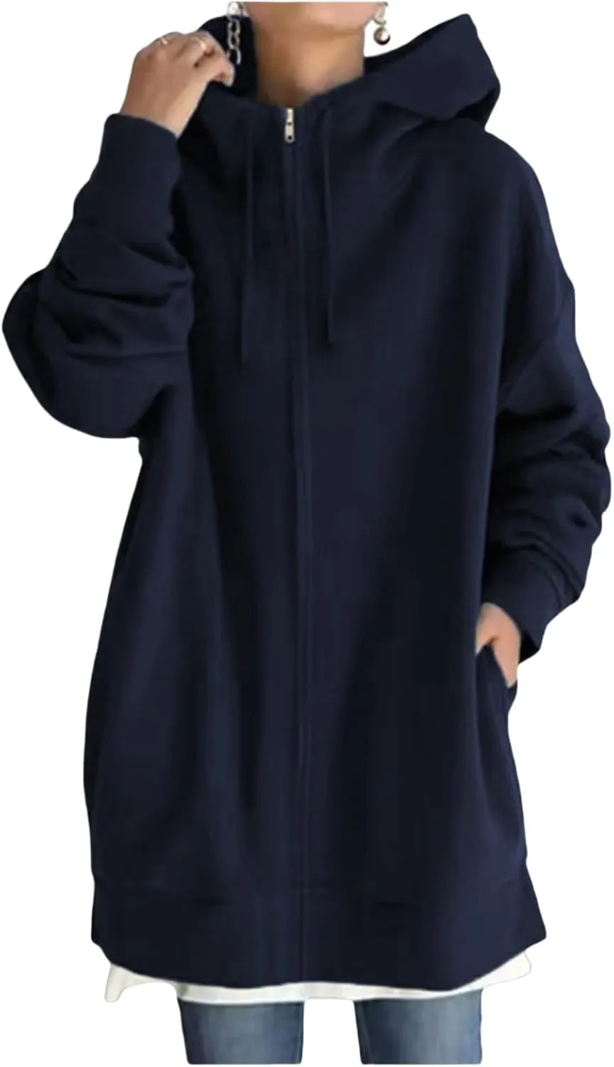 Womens Oversized Long Hoodies Zip Up Jacket Cowl Neck Long Sleeve Sweatshirt Fleece Loose Fit Fall Clothes