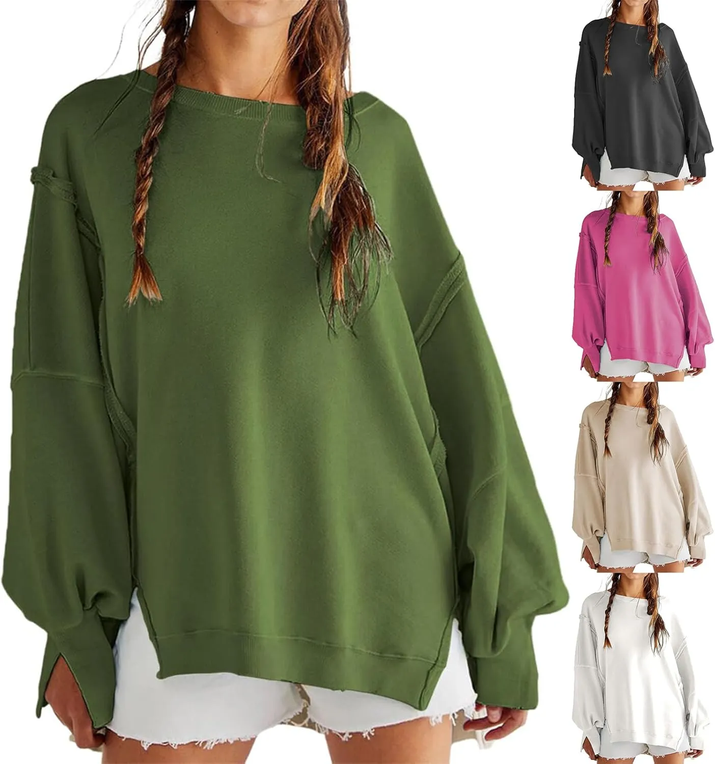 Womens Oversized Sweatshirts Crewneck Tunic Top Casual Loose Hoodie Solid Pullover Sweaters Trendy Preppy Cothes
