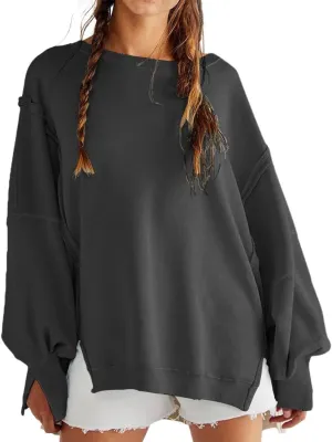Womens Oversized Sweatshirts Crewneck Tunic Top Casual Loose Hoodie Solid Pullover Sweaters Trendy Preppy Cothes