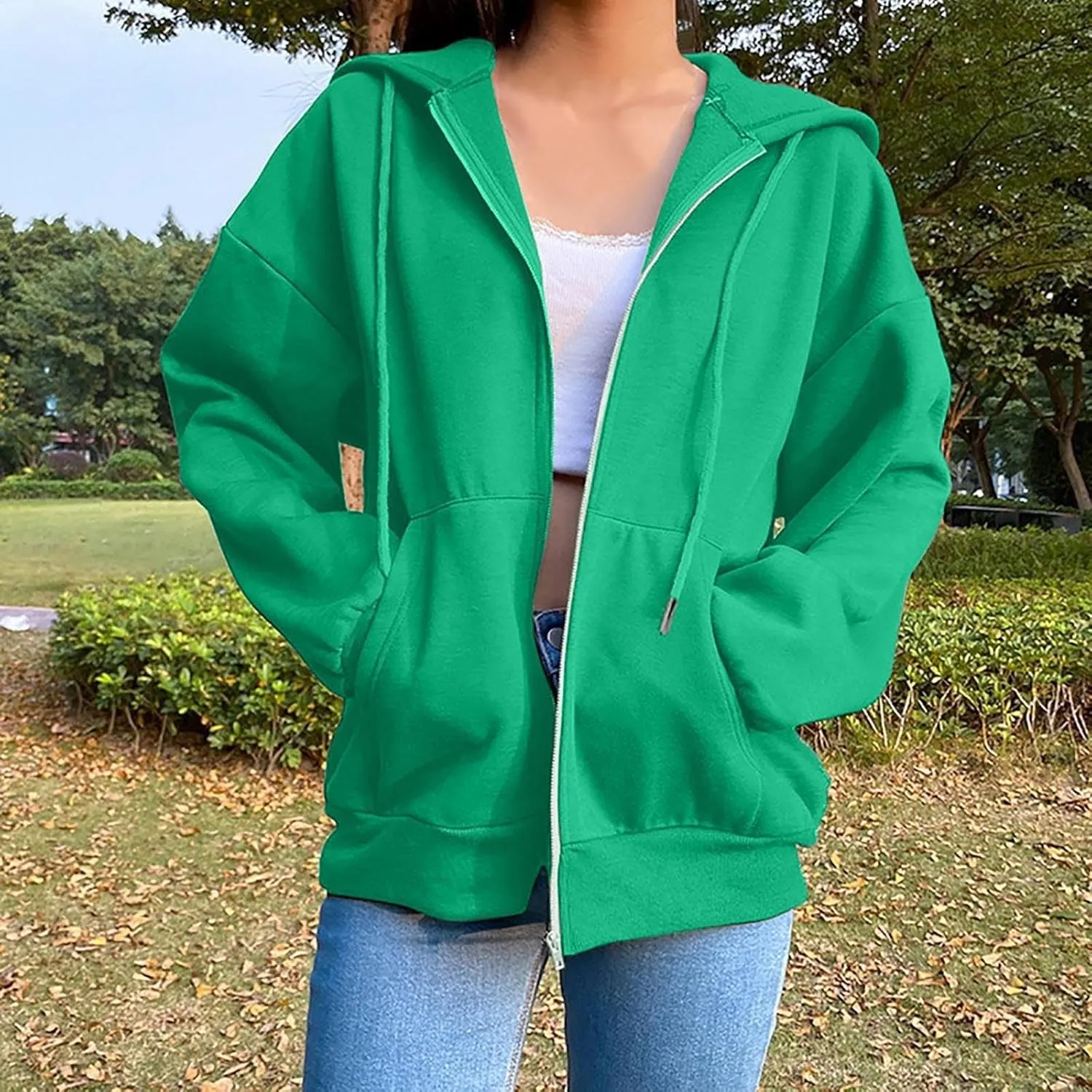 Womens Oversized Zip Up Hoodie Trendy Drawstring Long Sleeve Fall Jackets Casual Teen Girls Y2k Hooded Sweatshirts