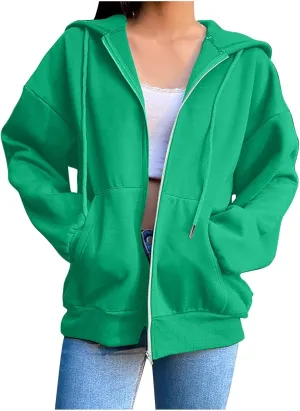 Womens Oversized Zip Up Hoodie Trendy Drawstring Long Sleeve Fall Jackets Casual Teen Girls Y2k Hooded Sweatshirts