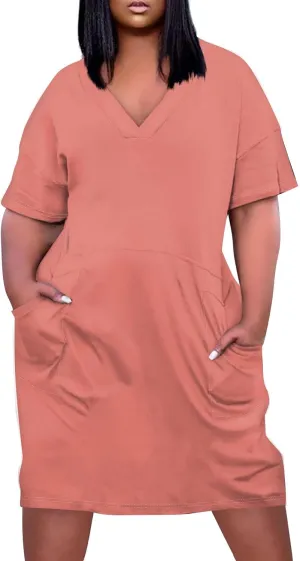 Women's Plus Size Dresses for Curvy Summer V Neck Short Sleeve Solid Midi Oversized T Shirt Dresses, L-5XL