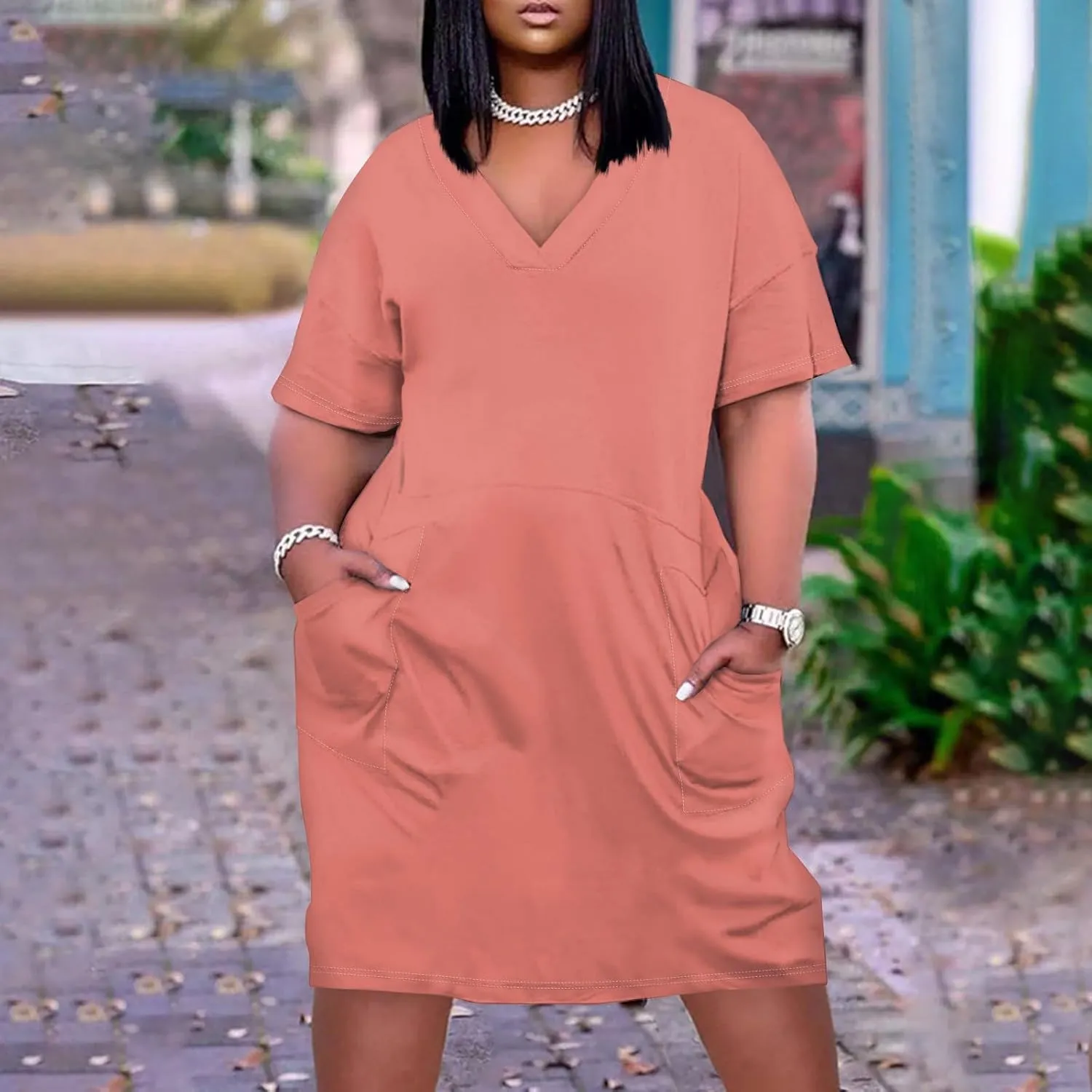 Women's Plus Size Dresses for Curvy Summer V Neck Short Sleeve Solid Midi Oversized T Shirt Dresses, L-5XL