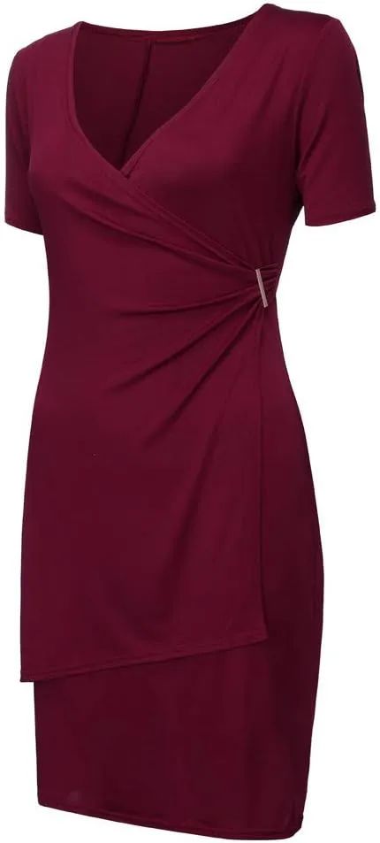 Womens Plus Size Ruched Wrap Dress Pleated Bodycon Midi Casual Party Work Dress