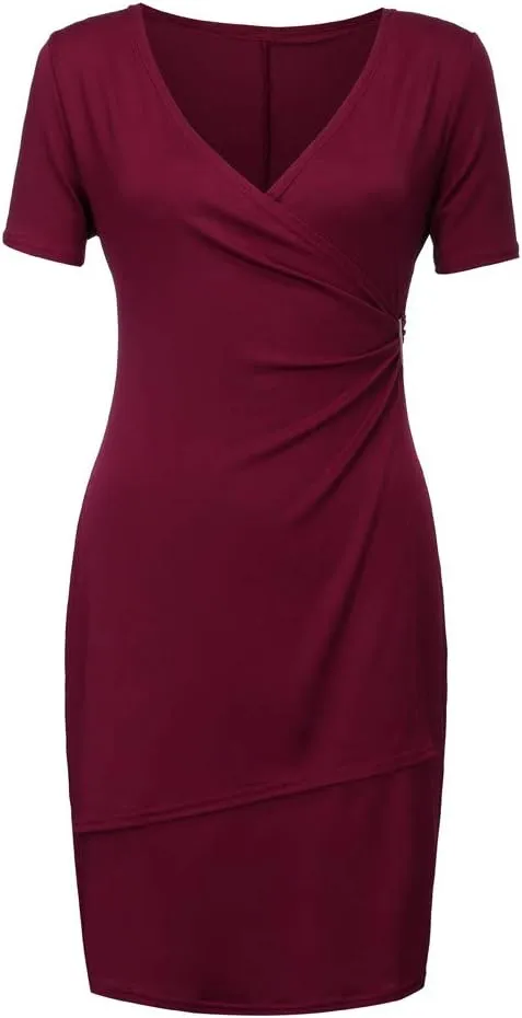 Womens Plus Size Ruched Wrap Dress Pleated Bodycon Midi Casual Party Work Dress