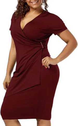 Womens Plus Size Ruched Wrap Dress Pleated Bodycon Midi Casual Party Work Dress