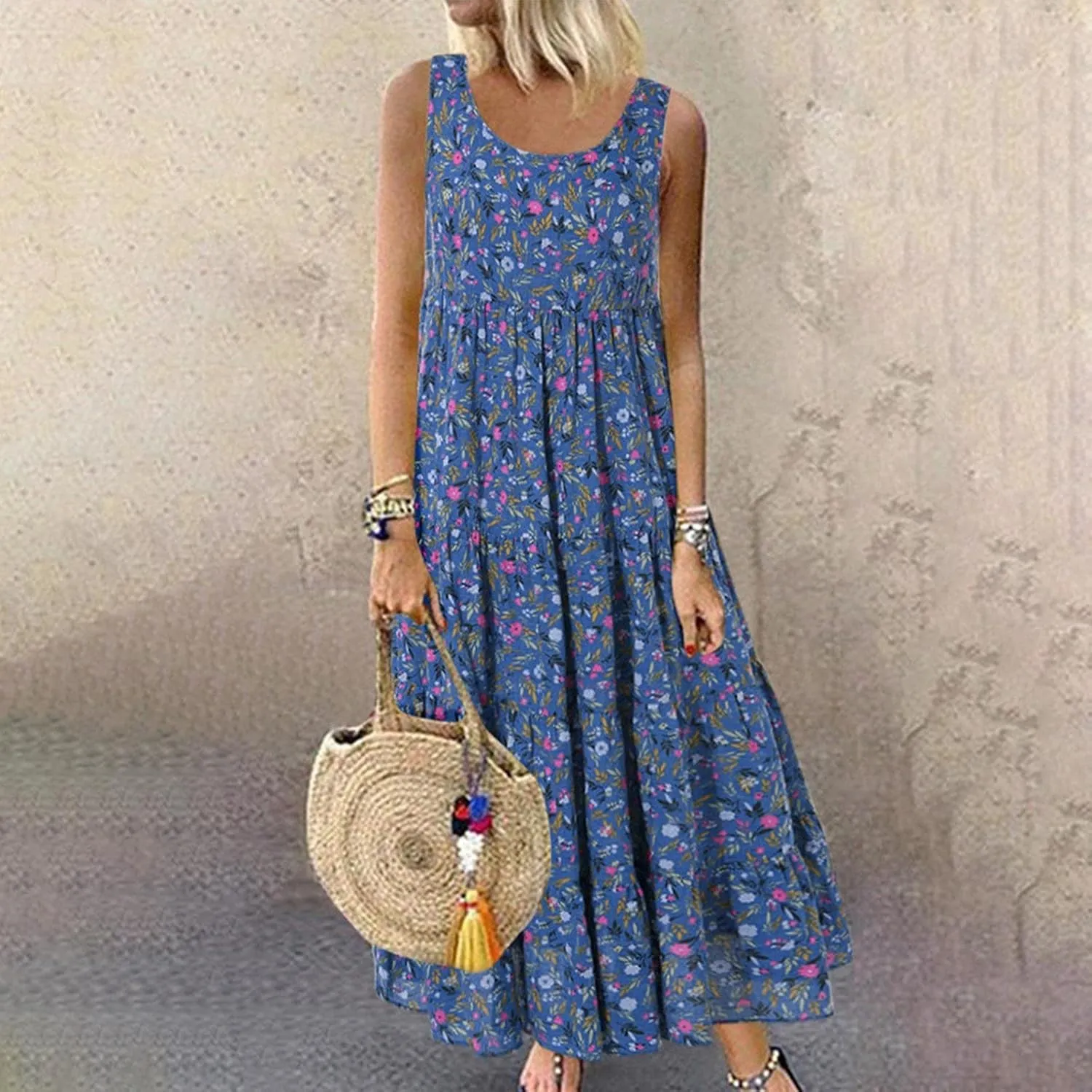 Womens Plus Size Summer Tank Dress Casual Printed Loose Knee-Length Dress Flowy Swing Long Beach Dress