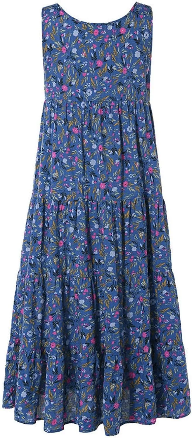 Womens Plus Size Summer Tank Dress Casual Printed Loose Knee-Length Dress Flowy Swing Long Beach Dress