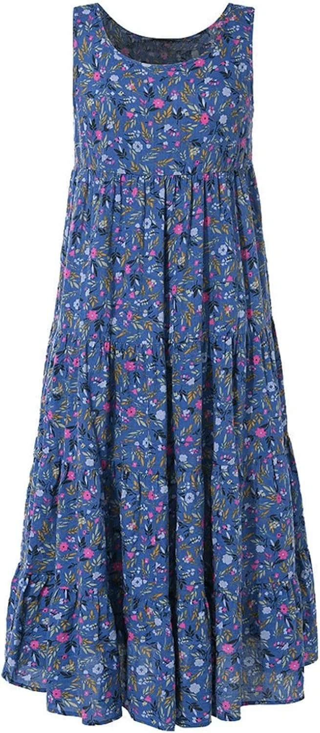 Womens Plus Size Summer Tank Dress Casual Printed Loose Knee-Length Dress Flowy Swing Long Beach Dress