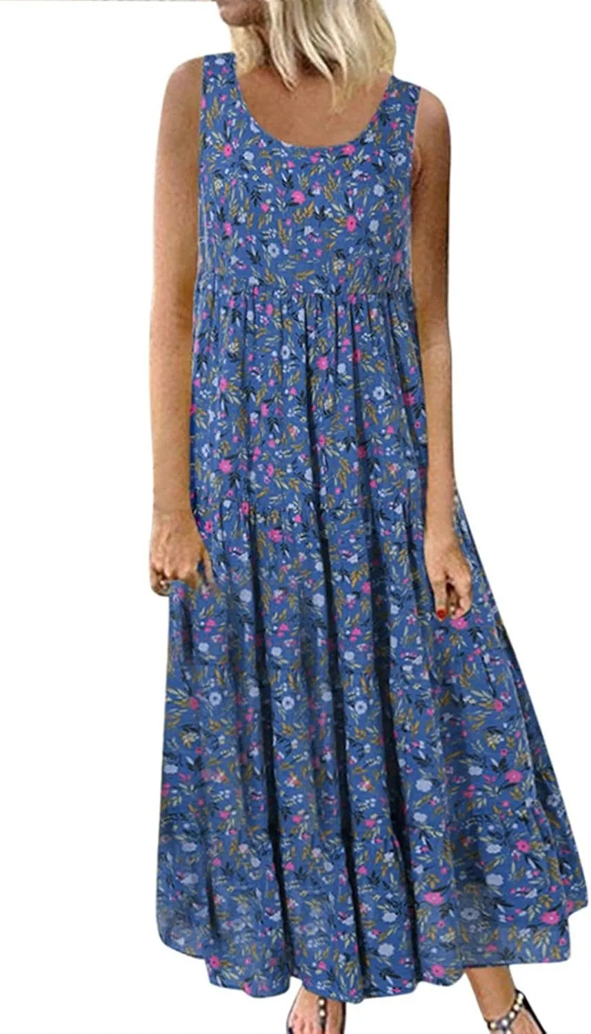 Womens Plus Size Summer Tank Dress Casual Printed Loose Knee-Length Dress Flowy Swing Long Beach Dress