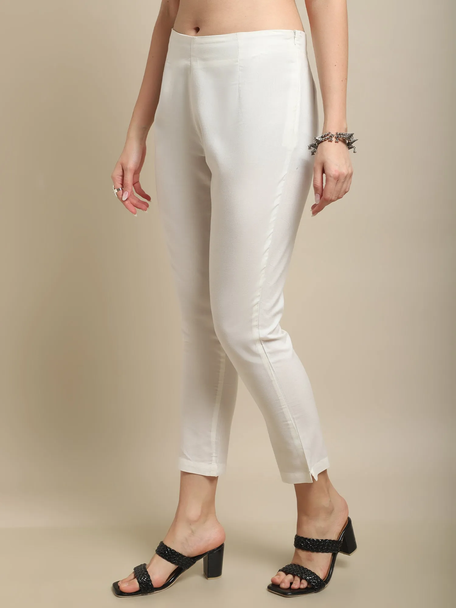 Women's  Regular Fit Ivory Flat Front Mid rise Kurti Pant