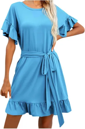 Womens Ruffle Dresses 2025 Casual Summer Mini Dress High Waist A Line Swing Dresses Solid Color Boho Dress with Belt