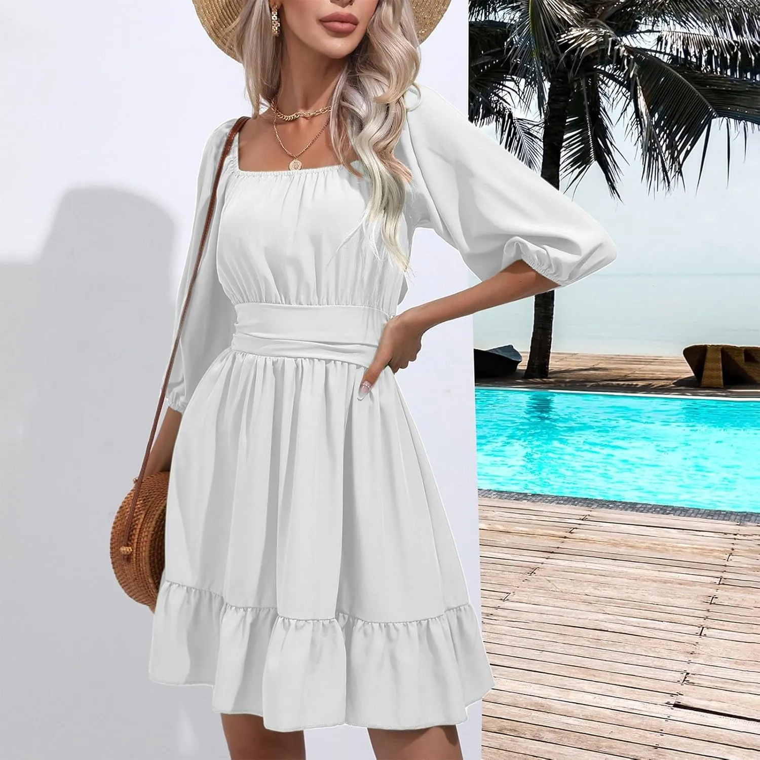 Women's Ruffle Mini Dress Square Neck Casual Party Dress Cute Wedding Guest Dresses Homecoming Cocktail Dresses