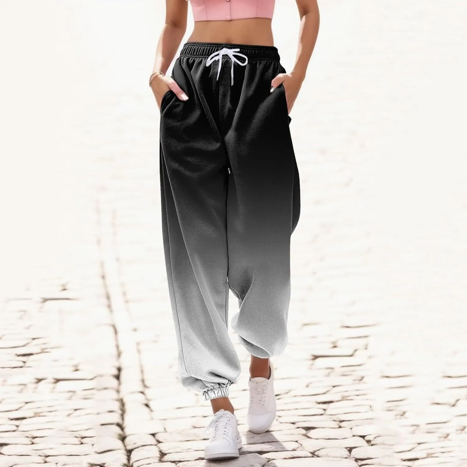 Womens Running Exercise Trousers Trendy High Waist Gradient Print Jogger Sweatpant Work Office High Waist Casual Pant