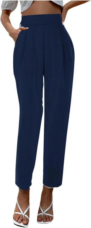 Women's Satin High Waist Pants Casual Pleated Loose Business Trousers Straight Leg Office Slacks Pants with Pockets