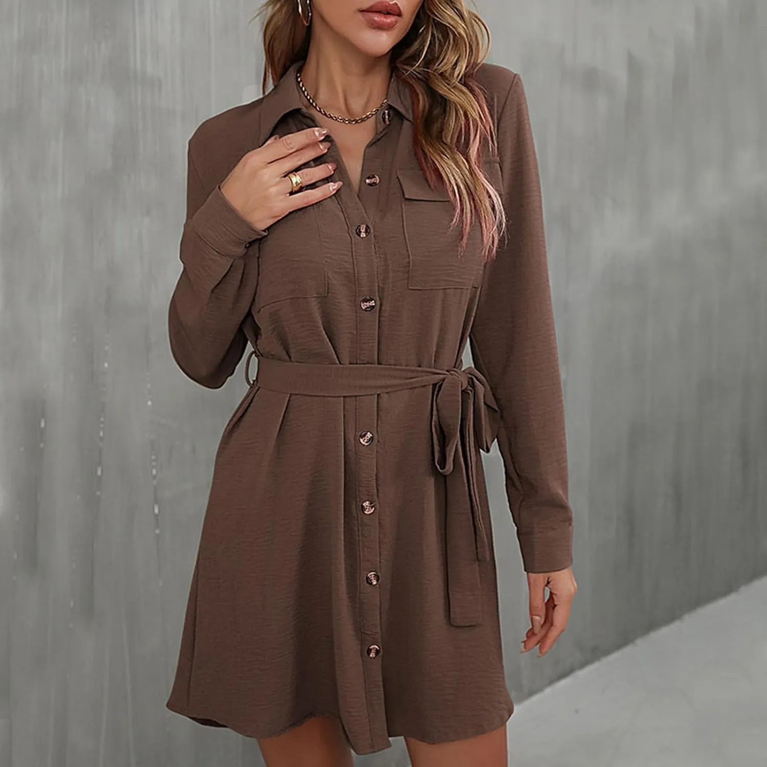 Womens Shirt Dresses Long Sleeve Collar Button Up Work Flowy A-Line Tie Waist Short Mini Dress with Pockets