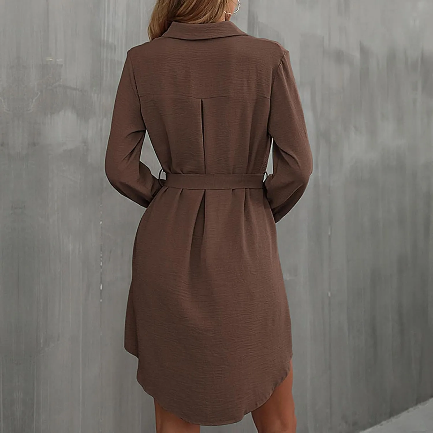 Womens Shirt Dresses Long Sleeve Collar Button Up Work Flowy A-Line Tie Waist Short Mini Dress with Pockets