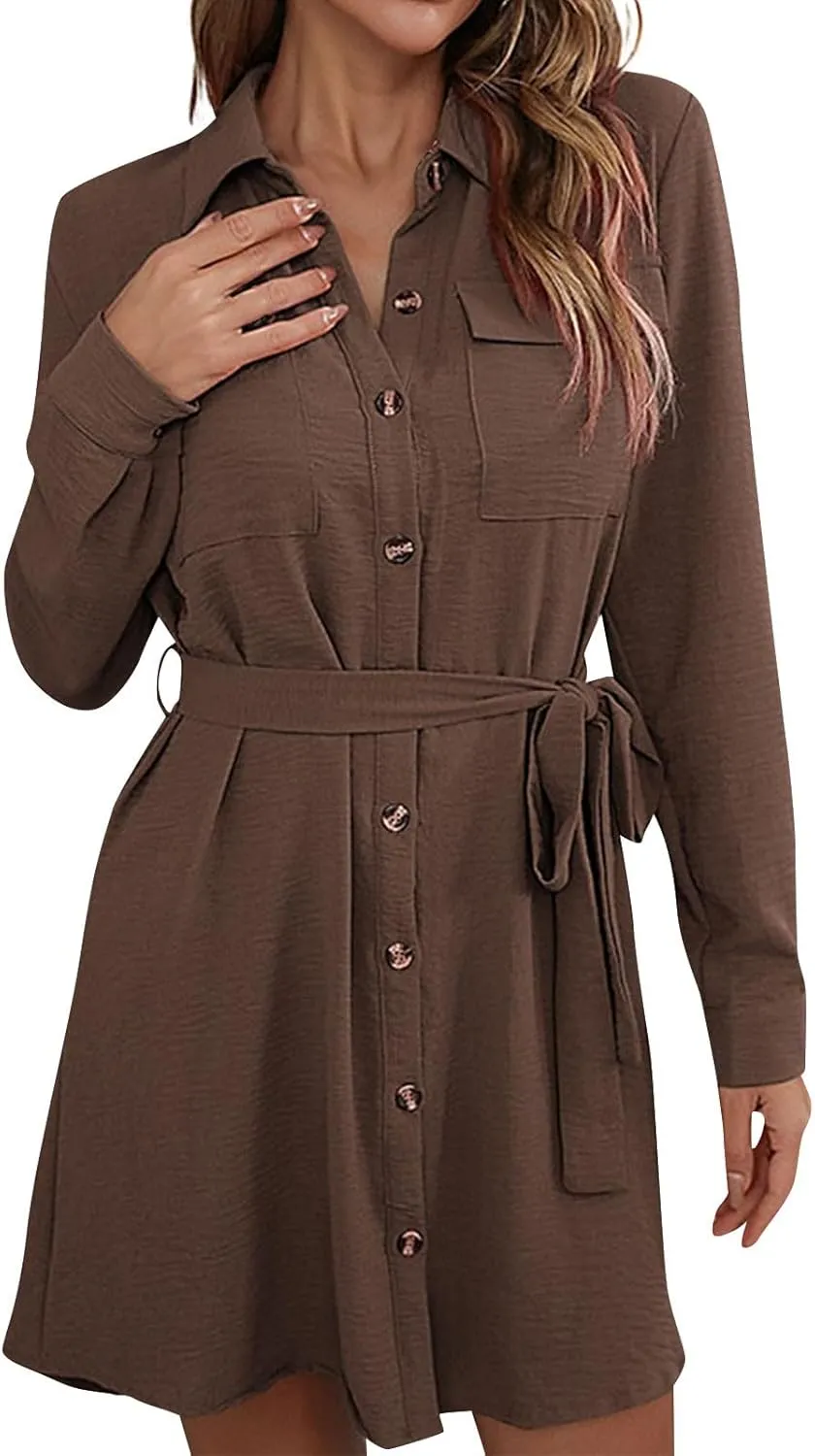 Womens Shirt Dresses Long Sleeve Collar Button Up Work Flowy A-Line Tie Waist Short Mini Dress with Pockets