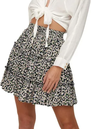 Women's Short Skirt Summer Drawstring Waist Ruffle Skirt Floral Print Swing Beach Mini Dress (L, Navy)
