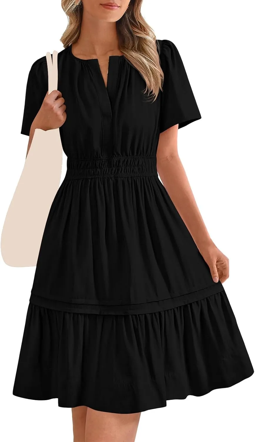 Womens Short Sleeve Dresses V Neck Smocked Waist A-Line Tiered Mini Dress Summer Flowy Boho Vacation Beach Sundress