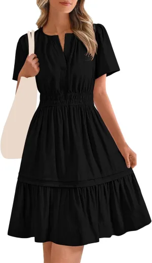 Womens Short Sleeve Dresses V Neck Smocked Waist A-Line Tiered Mini Dress Summer Flowy Boho Vacation Beach Sundress