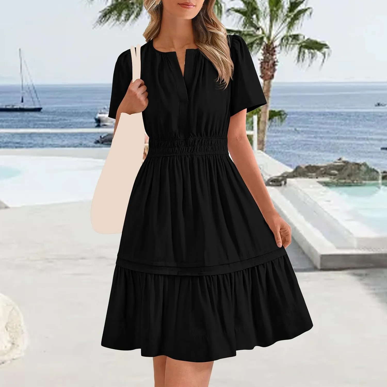 Womens Short Sleeve Dresses V Neck Smocked Waist A-Line Tiered Mini Dress Summer Flowy Boho Vacation Beach Sundress
