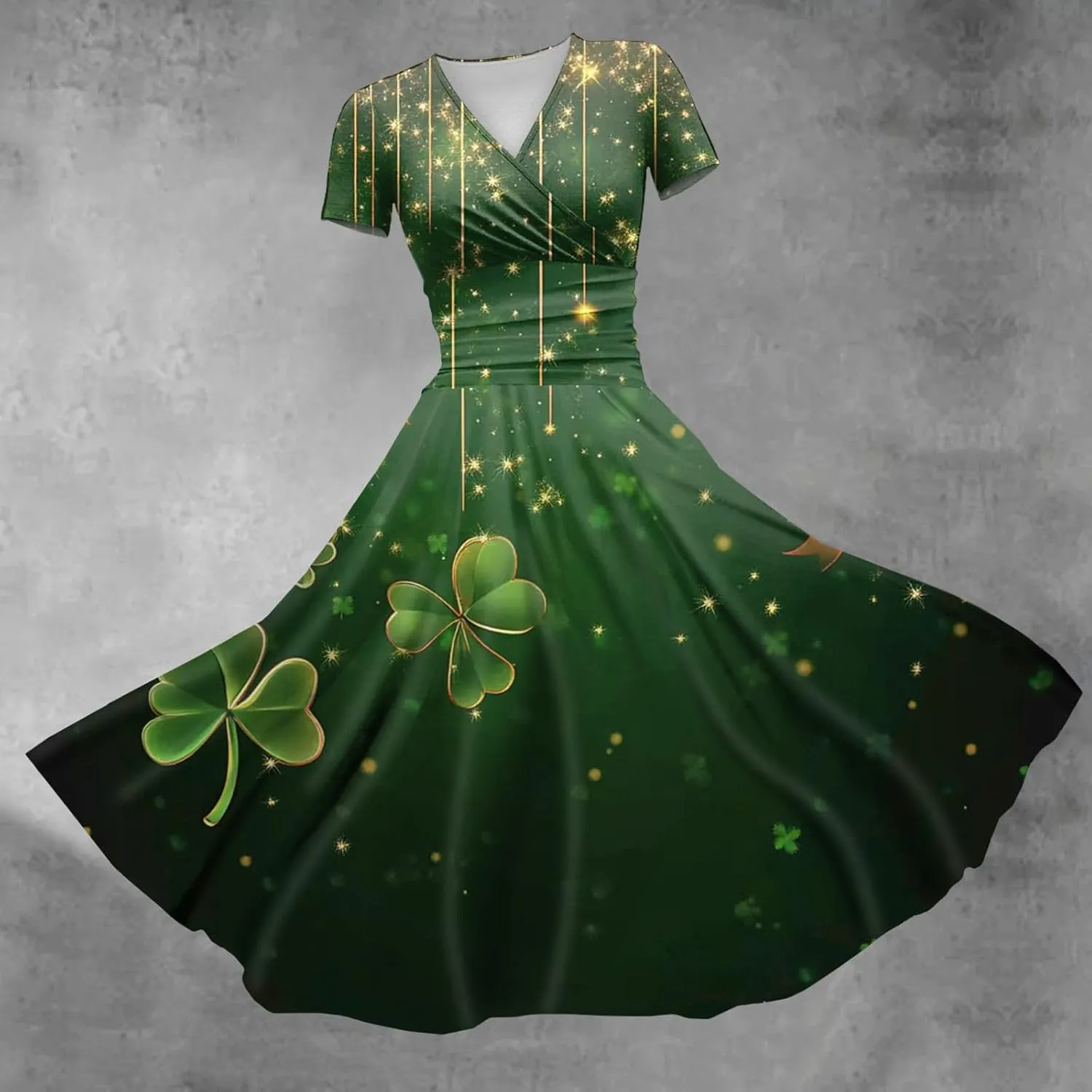 Women's Short Sleeve Loose Dress Comfy Slim V-Neck Daily Waisted Shirred Dressy Casual Shamrock Print Dresses