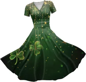 Women's Short Sleeve Loose Dress Comfy Slim V-Neck Daily Waisted Shirred Dressy Casual Shamrock Print Dresses