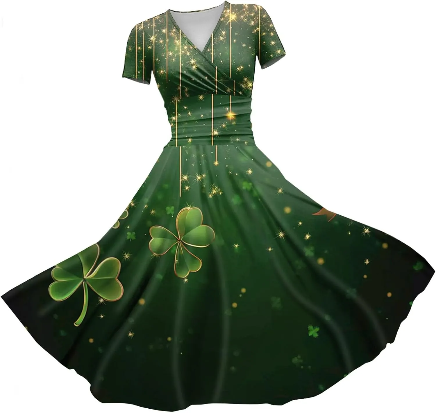 Women's Short Sleeve Loose Dress Comfy Slim V-Neck Daily Waisted Shirred Dressy Casual Shamrock Print Dresses