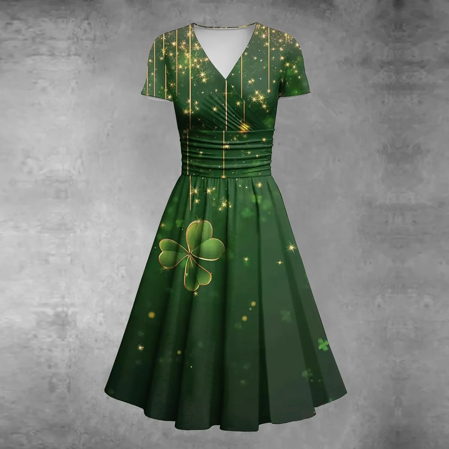 Women's Short Sleeve Loose Dress Comfy Slim V-Neck Daily Waisted Shirred Dressy Casual Shamrock Print Dresses