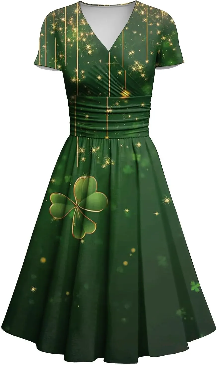Women's Short Sleeve Loose Dress Comfy Slim V-Neck Daily Waisted Shirred Dressy Casual Shamrock Print Dresses