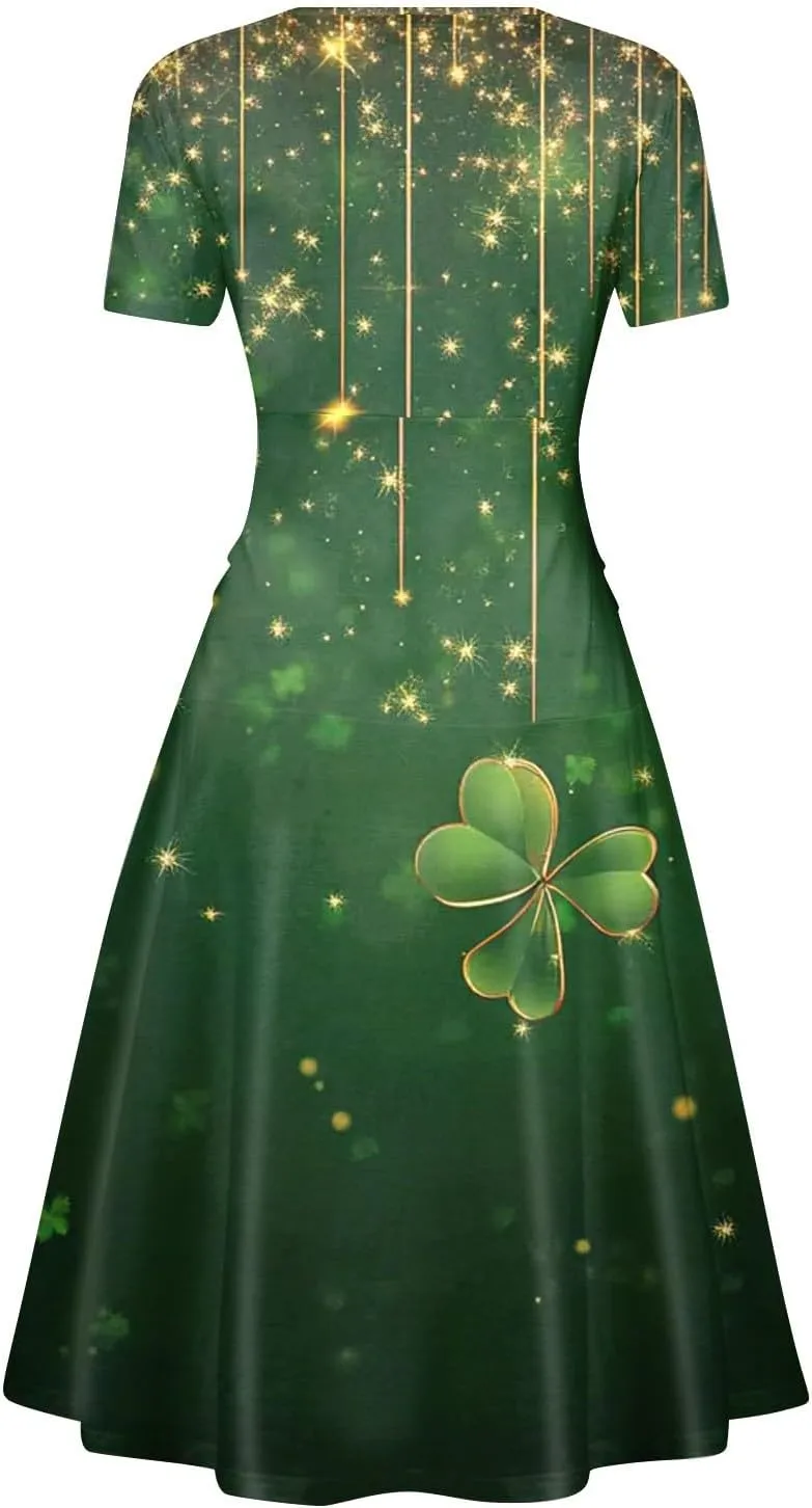 Women's Short Sleeve Loose Dress Comfy Slim V-Neck Daily Waisted Shirred Dressy Casual Shamrock Print Dresses