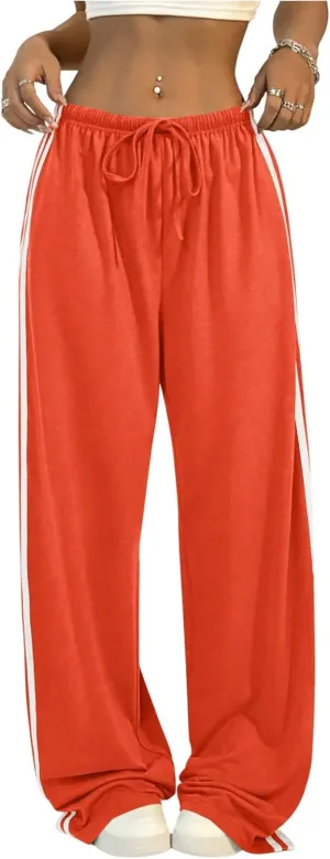 Women's Side Striped Pant Baggy Wide Leg Sweatpants Drawstring Low Waisted Slit Track Pants Streetwear Joggers
