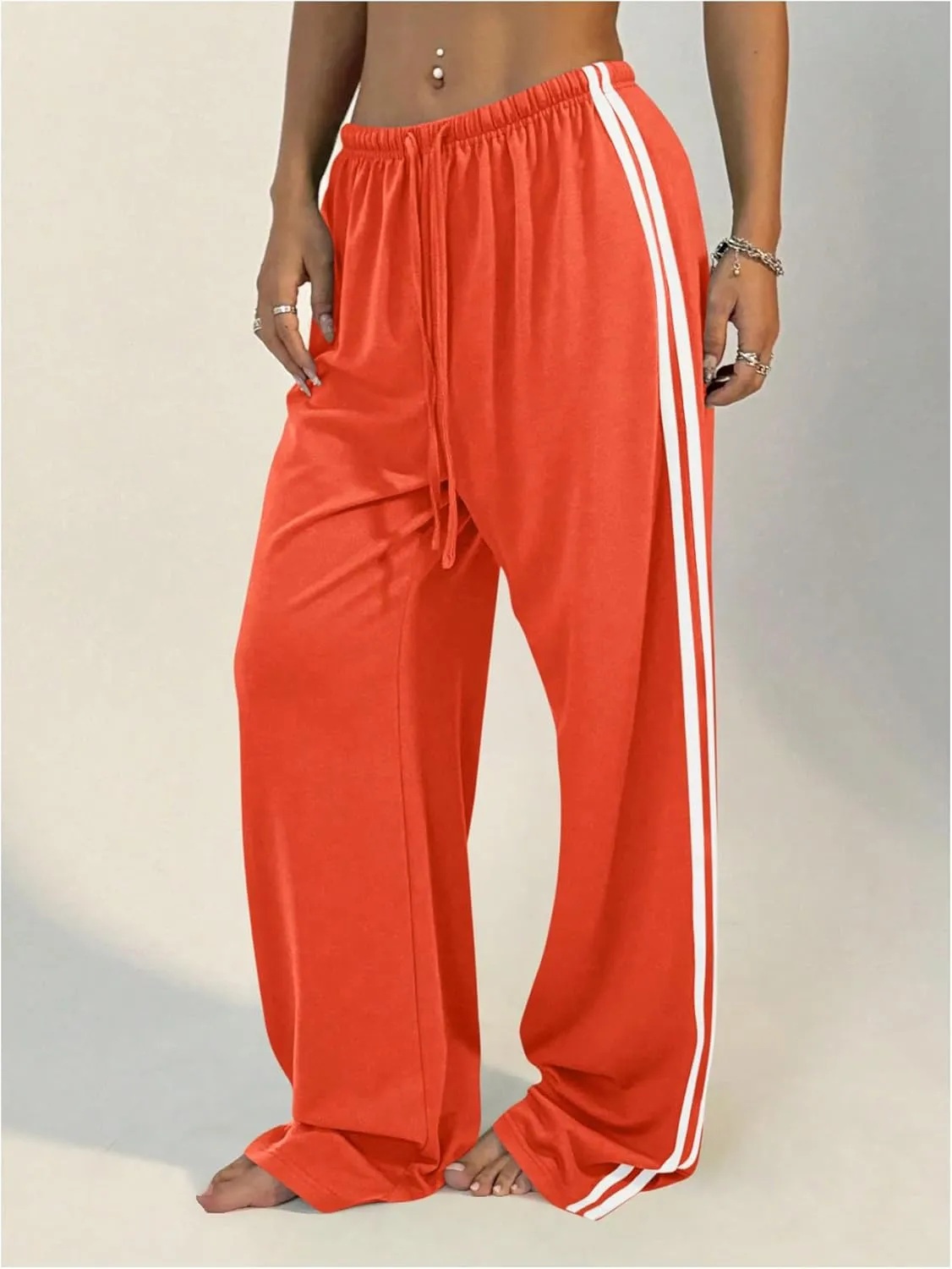 Women's Side Striped Pant Baggy Wide Leg Sweatpants Drawstring Low Waisted Slit Track Pants Streetwear Joggers