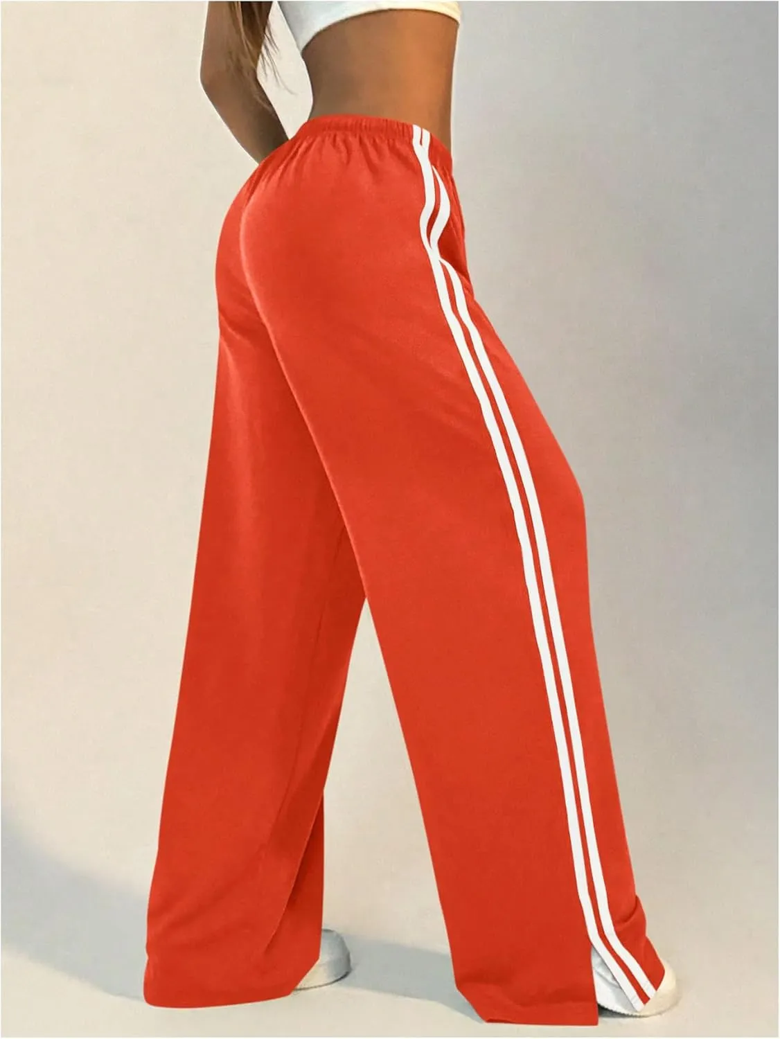 Women's Side Striped Pant Baggy Wide Leg Sweatpants Drawstring Low Waisted Slit Track Pants Streetwear Joggers