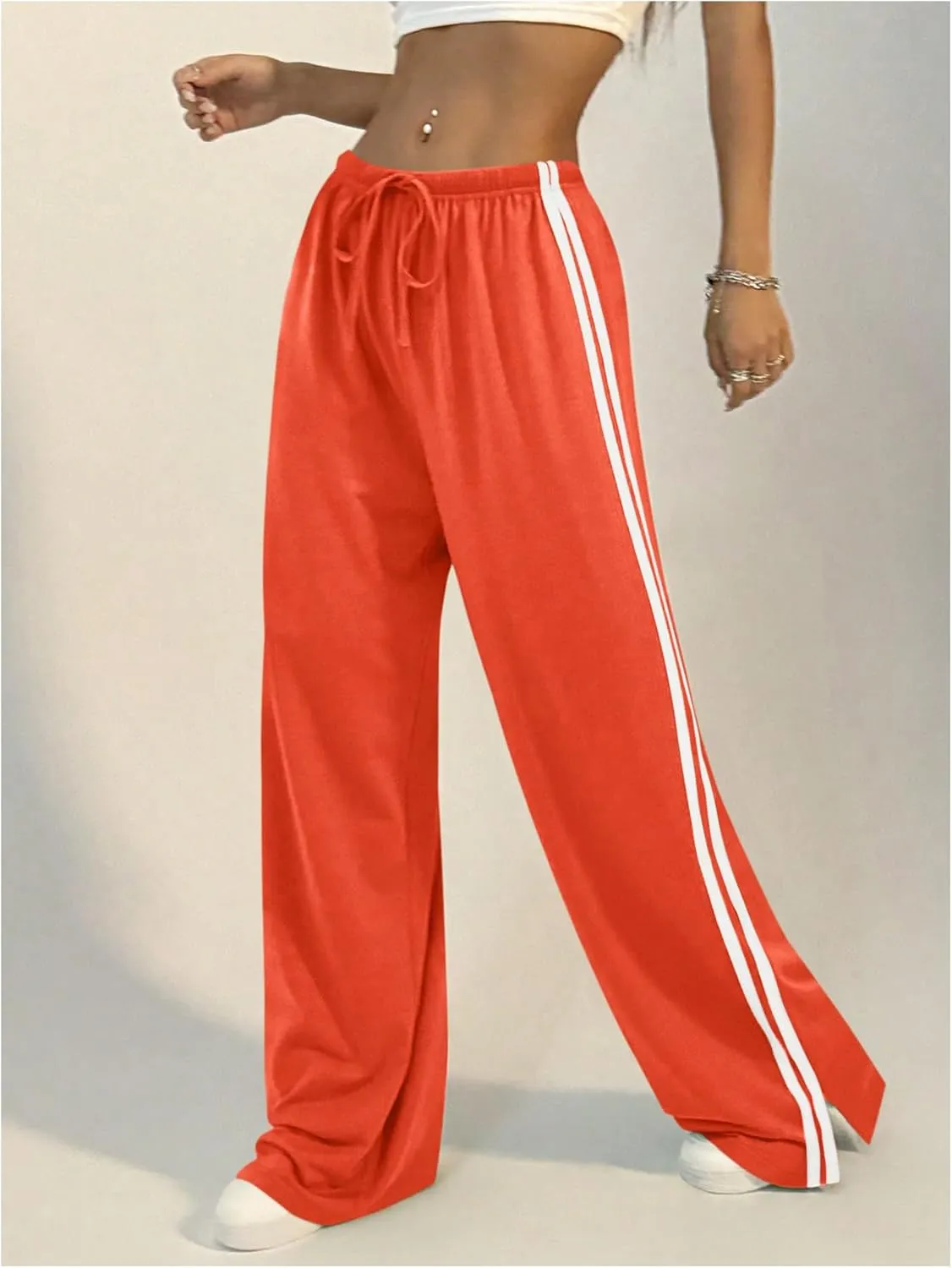 Women's Side Striped Pant Baggy Wide Leg Sweatpants Drawstring Low Waisted Slit Track Pants Streetwear Joggers