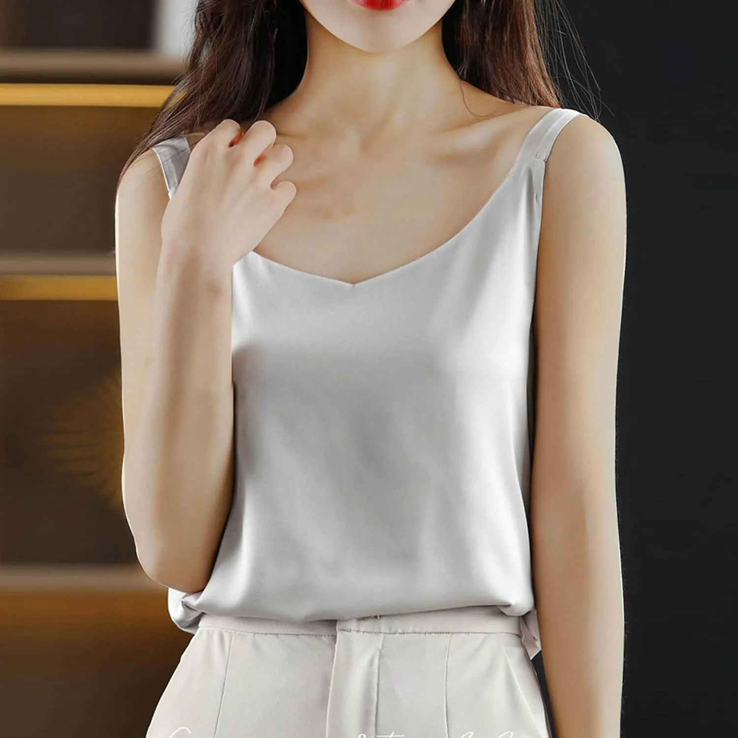 Women's Silk Satin Camisole V Neck Tank Top Cami Silky Basic Tank Shirt Blouses 2025 Trendy Going Out Tops Tees