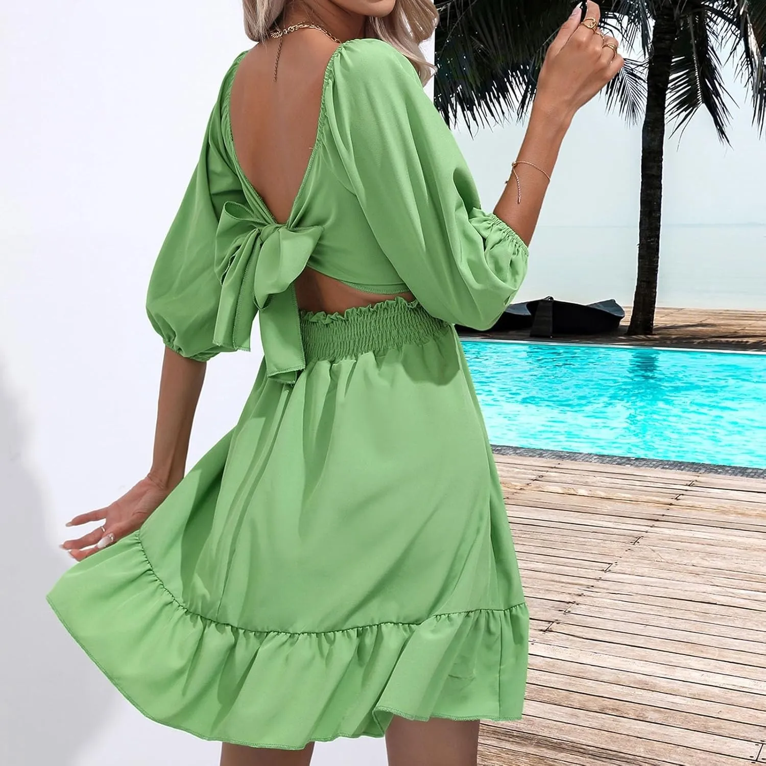 Women's Smocked Ruffle Mini Dress Mesh Long Sleeve Square Neck Party Dresses Flowy Casual A Line Summer Skirt