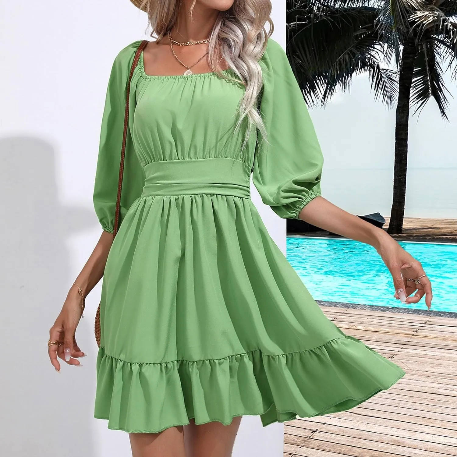 Women's Smocked Ruffle Mini Dress Mesh Long Sleeve Square Neck Party Dresses Flowy Casual A Line Summer Skirt