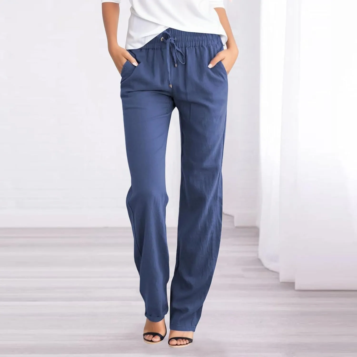 Women's Straight Leg Long Pants Elastic High Waist Drawstring Loose Casual Pants Solid Color Trousers with Pockets