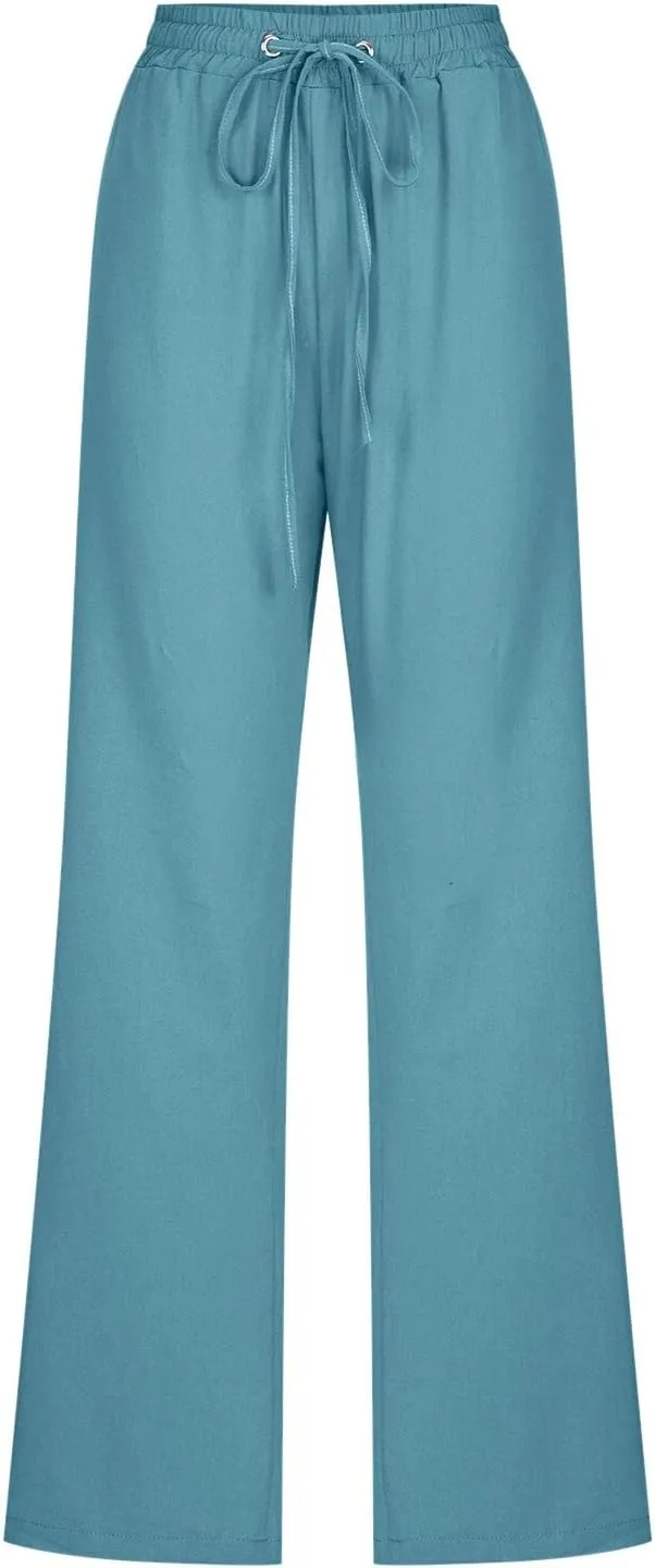 Women's Straight Leg Long Pants Elastic High Waist Drawstring Loose Casual Pants Solid Color Trousers with Pockets