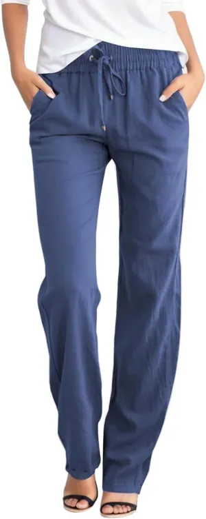 Women's Straight Leg Long Pants Elastic High Waist Drawstring Loose Casual Pants Solid Color Trousers with Pockets