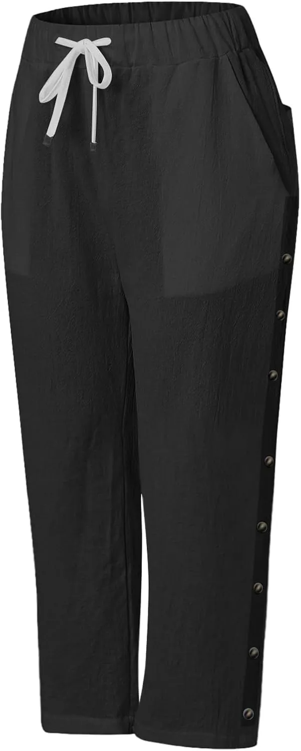 Womens Striped Linen Capri Pants High Waist Lightweight Shorts Summer 2025 Casual Ladies Pinstripe Trousers