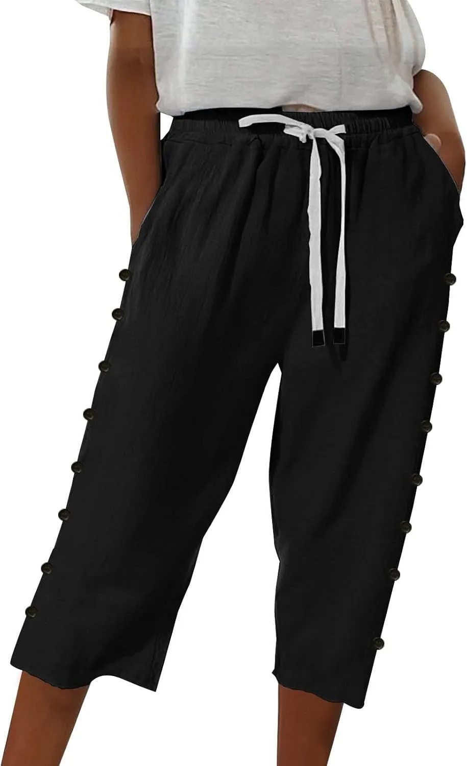 Womens Striped Linen Capri Pants High Waist Lightweight Shorts Summer 2025 Casual Ladies Pinstripe Trousers