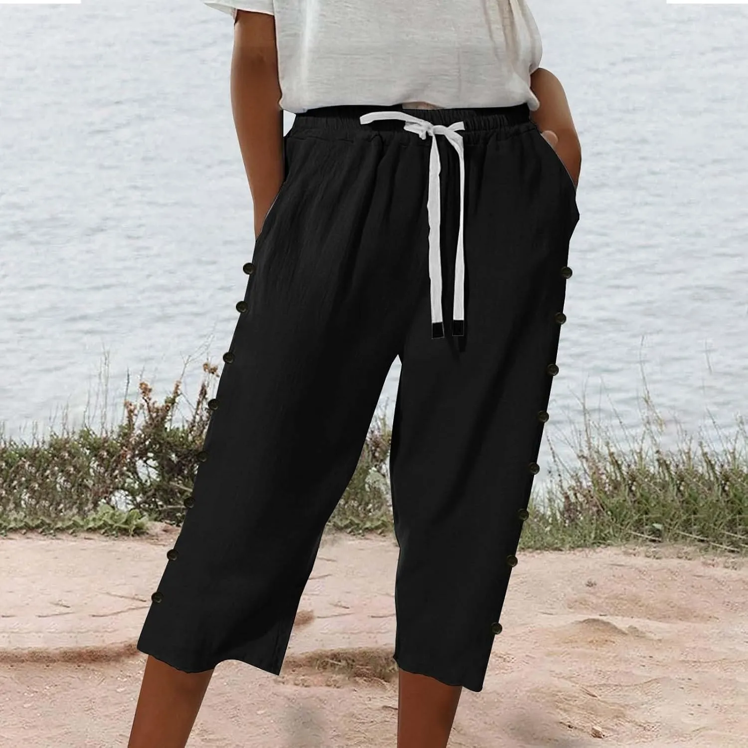 Womens Striped Linen Capri Pants High Waist Lightweight Shorts Summer 2025 Casual Ladies Pinstripe Trousers