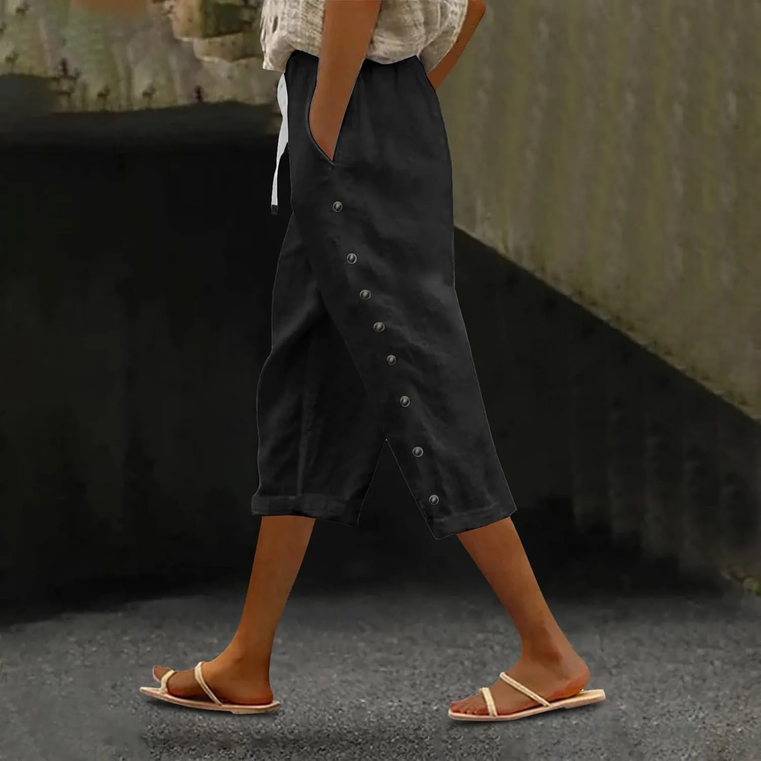 Womens Striped Linen Capri Pants High Waist Lightweight Shorts Summer 2025 Casual Ladies Pinstripe Trousers