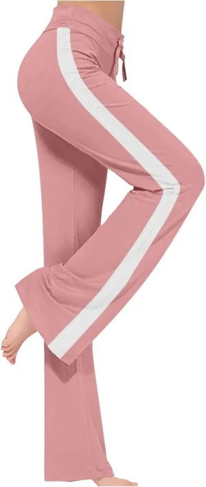 Women's Striped Wide Leg Pants High Waist Drawstring Yoga Pants Tummy Control Straight Leg Gym Workout Athletic Pants