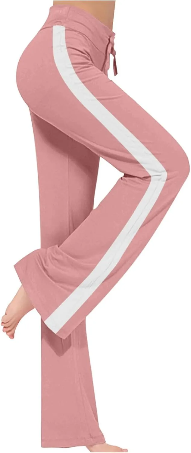 Women's Striped Wide Leg Pants High Waist Drawstring Yoga Pants Tummy Control Straight Leg Gym Workout Athletic Pants