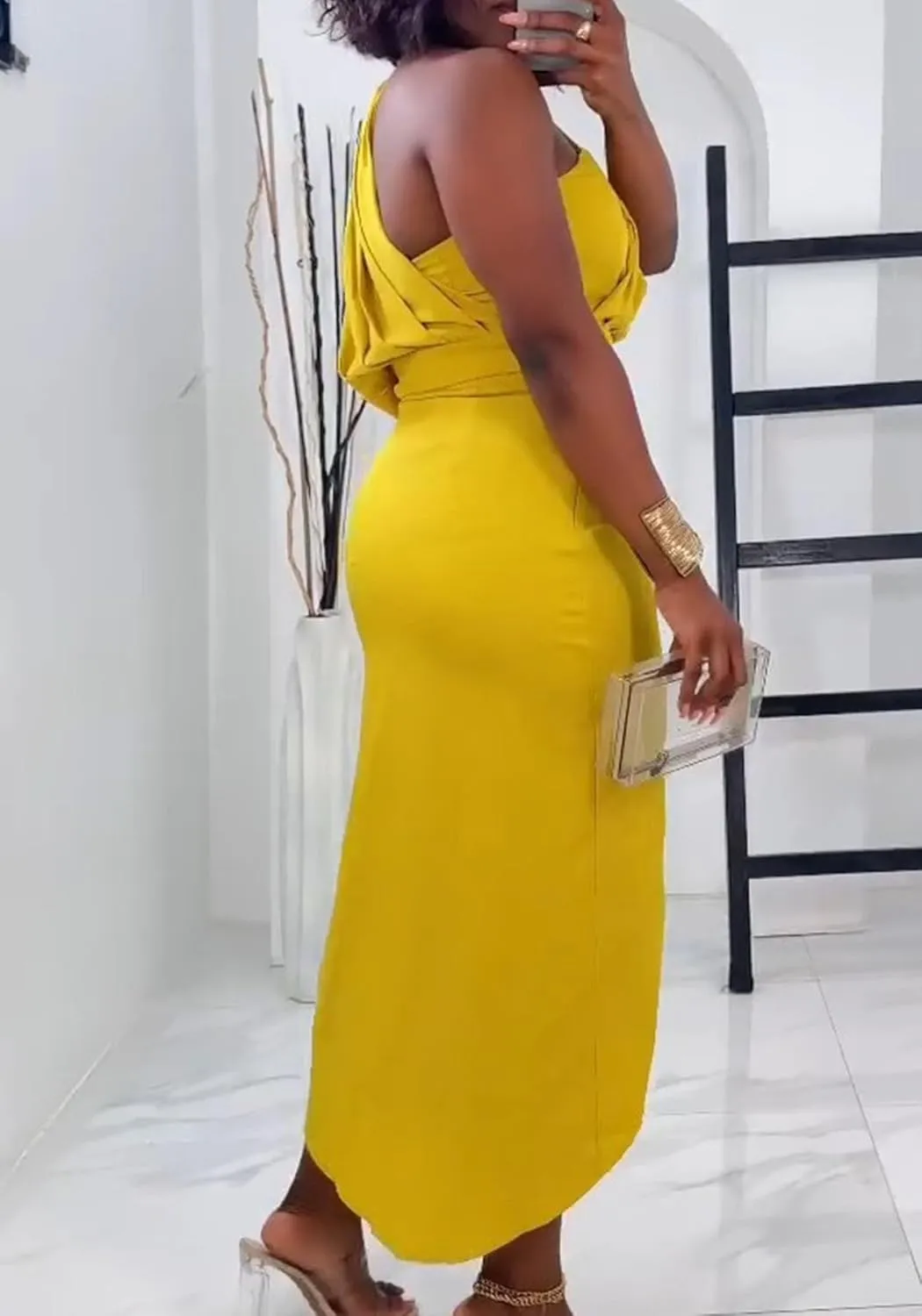 Womens Summer Bodycon Dress Sexy One Shoulder Sleeveless Pleated Wrap Midi Dress Work Cocktail Dress